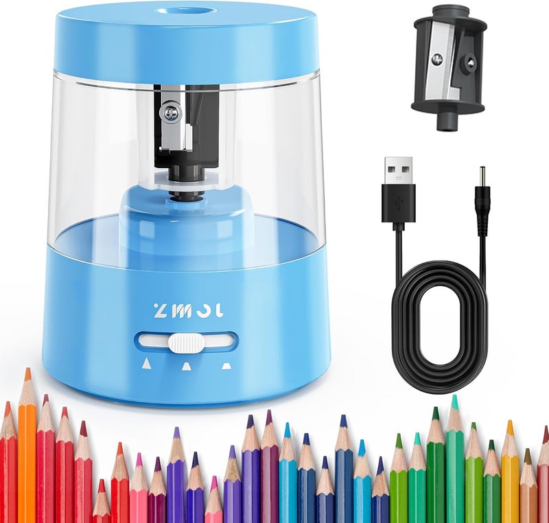 Zmol Colored Pencil Electric Sharpener, Auto Stop, Plug-in Small Electric Sharpener Battery Powered for 6-8mm No. 2 Pencils Blue - Image 1